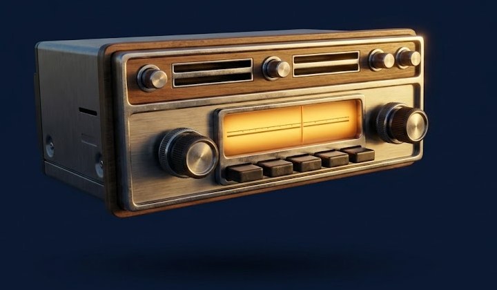 A brass and walnut dashboard radio with its dial lit warm gold.